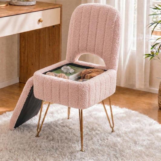 Garvee Vanity Stool Chair with Backrest, Square Ottoman with Hidden Storage Compartment, Soft Teddy Fabric, 280 Lbs Weight Capacity, Modern Style for Bedroom Living Room,Pink,Small
