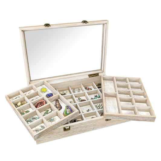 MOOCA Tempered Glass Jewelry Box Organizer, Two-Layer Jewelry Display Case for Necklaces, Earrings, Bracelets, Rings - Elegant Storage Solution, Vintage White Color