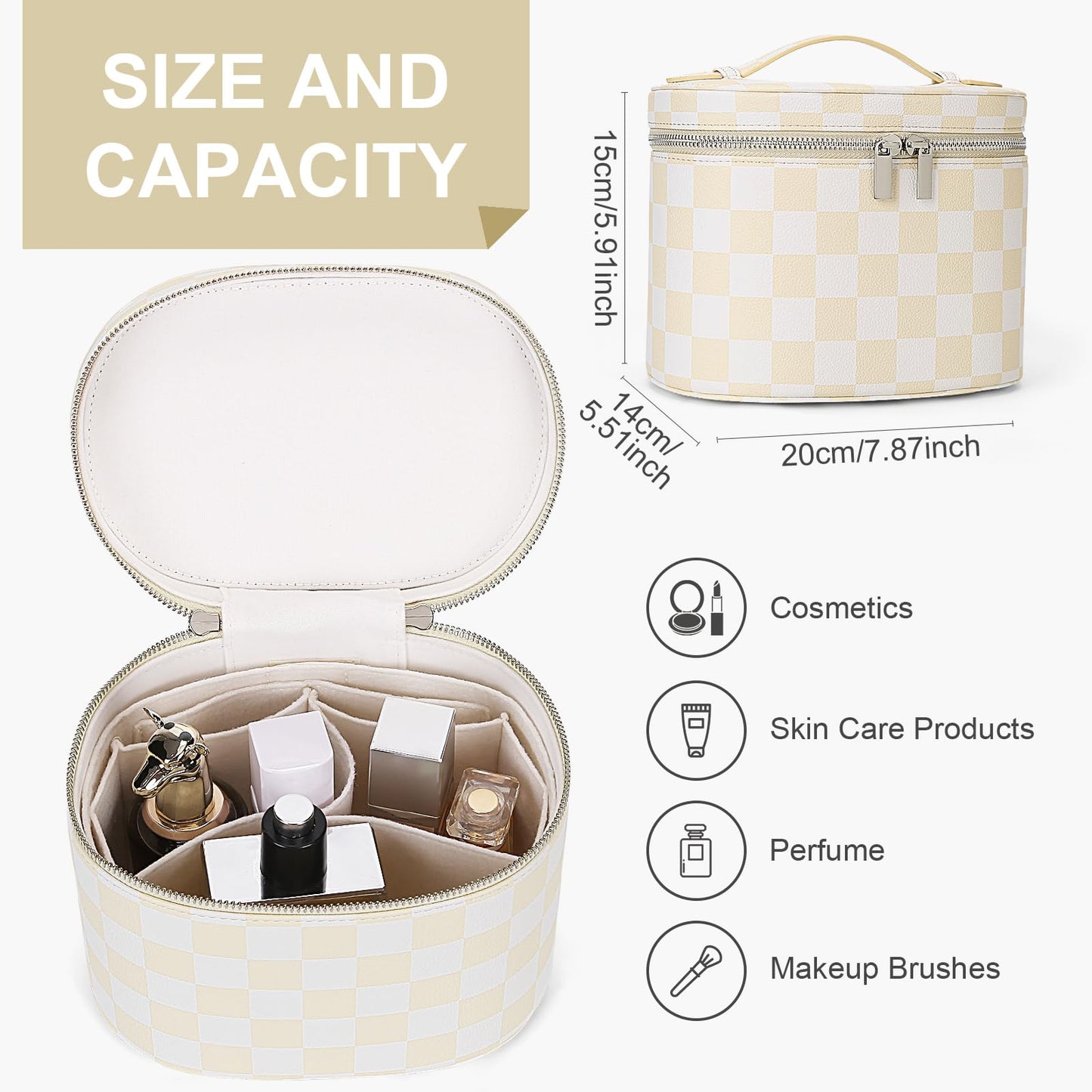 YFGBCX Checkered Makeup Bag Vanity Case with Divider Travel Toiletry Bag Women Cosmetic Bag Makeup Organizer Case