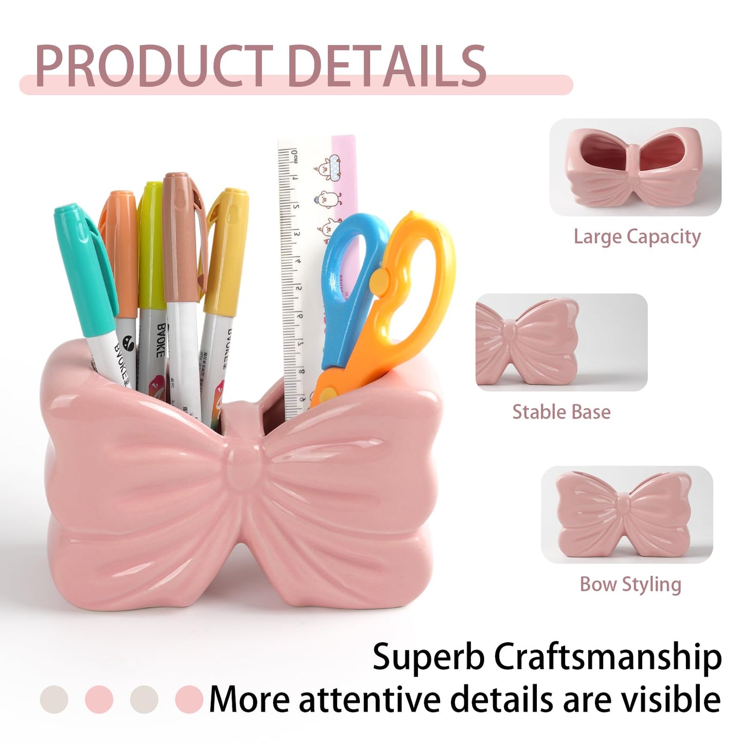 Zaposcca Bow Pencil Holder, Ceramic Pen Holder, Cute Pen Holder for Desk,Stand Makeup Brush Holder, for School, Home, Office Desk Decor(Pink)