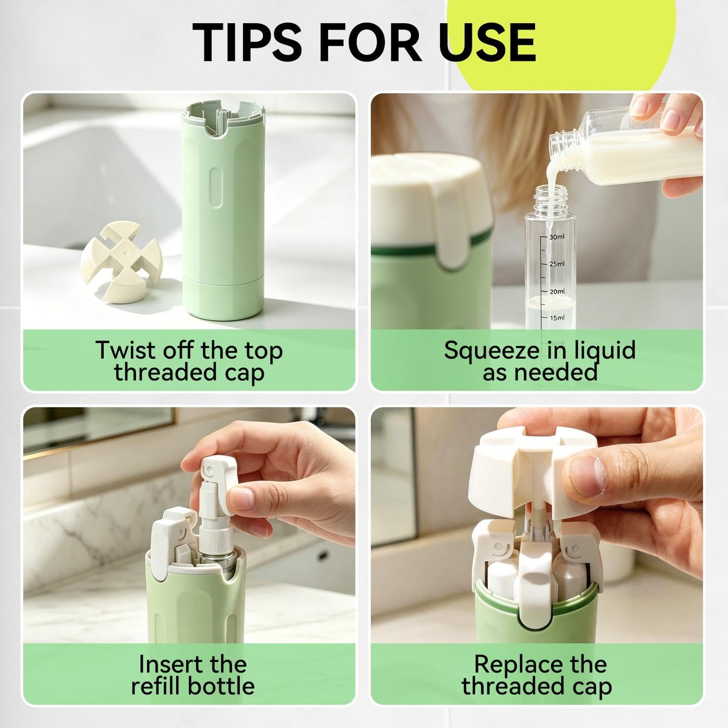 4 in 1 Travel Dispenser Bottles,4 Pack 30ML Leak Proof TSA Compliant Toiletry Containers with Pump,Refillable Portable Bottles for Shampoo,Conditioner,Lotion–Ideal for Vacation,Camping,Business Trip