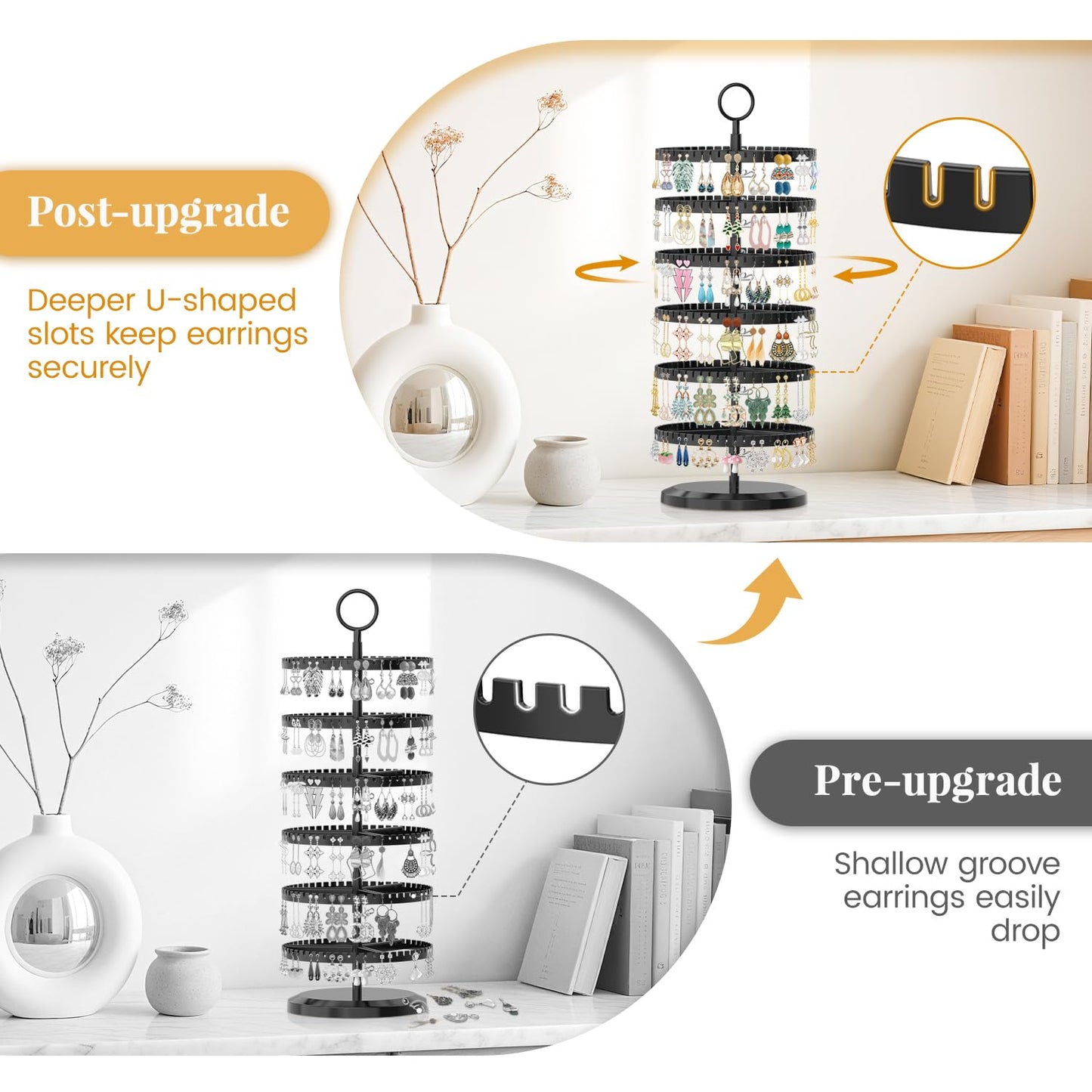 EsLuker.ly Earring Holder Organizer Rotating Stud Display Tree Rack with 342 U-Slots for Women Girls, Large Adjustable 6 Tier Plastic Storage Stand with Metal Tray for Pierced Hoop Post Earring, Black