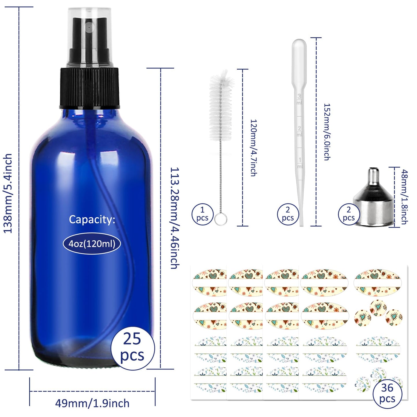 CycleMore 25 Pack 4oz Blue Glass Spray Bottles with Fine Mist Sprayers, Glass Travel Bottles for Cosmetic Essential Oils Cleaning Solutions Perfumes & More Liquids (1 Brush, 2 Funnels and 36 Labels)