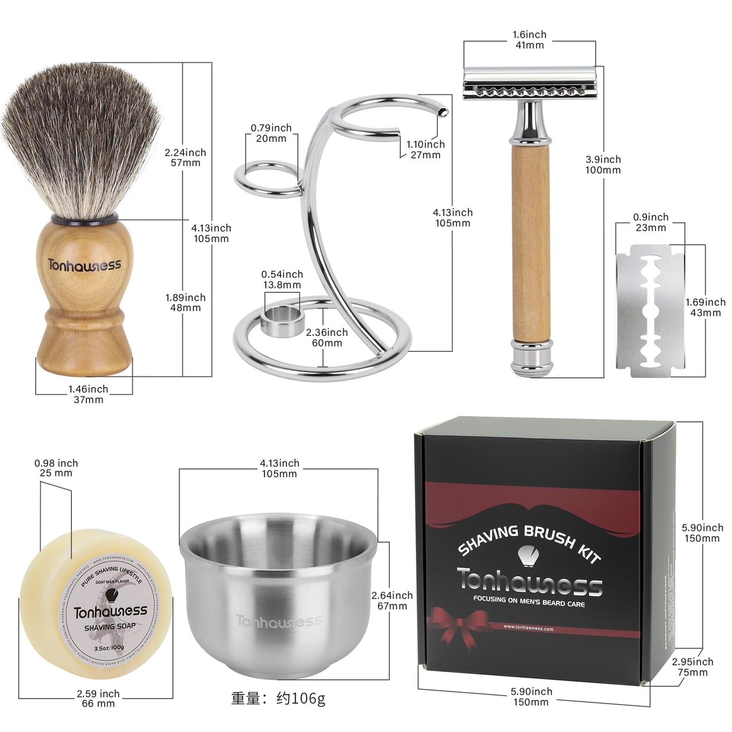 Shaving Brushes Set For Men, 5 In 1 Shaving Brush Kit Includes Badger Hair Shave Brush, Safety Men's Razor, Stainless Steel Shaving Bowl, Shaving Stand and Soap (Wood Handle With Razor)