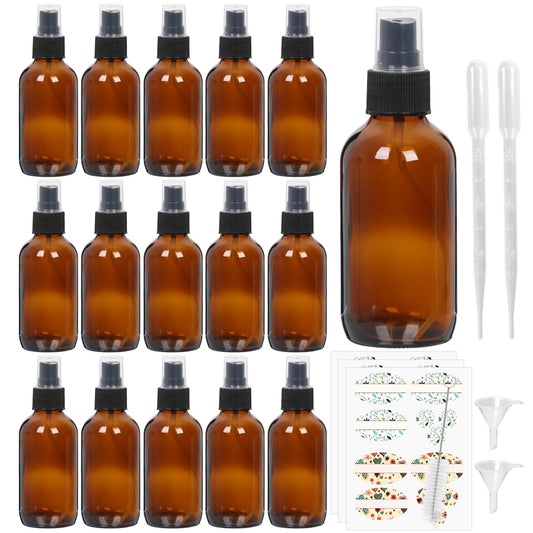 STARSIDE 16 Pack 4 oz Amber Glass Spray Bottles with Fine Mist Sprayer & Dust Cap for Essential Oils, Perfumes,Cleaning Products, 120 ml Fine Mist Glass Spray Bottle
