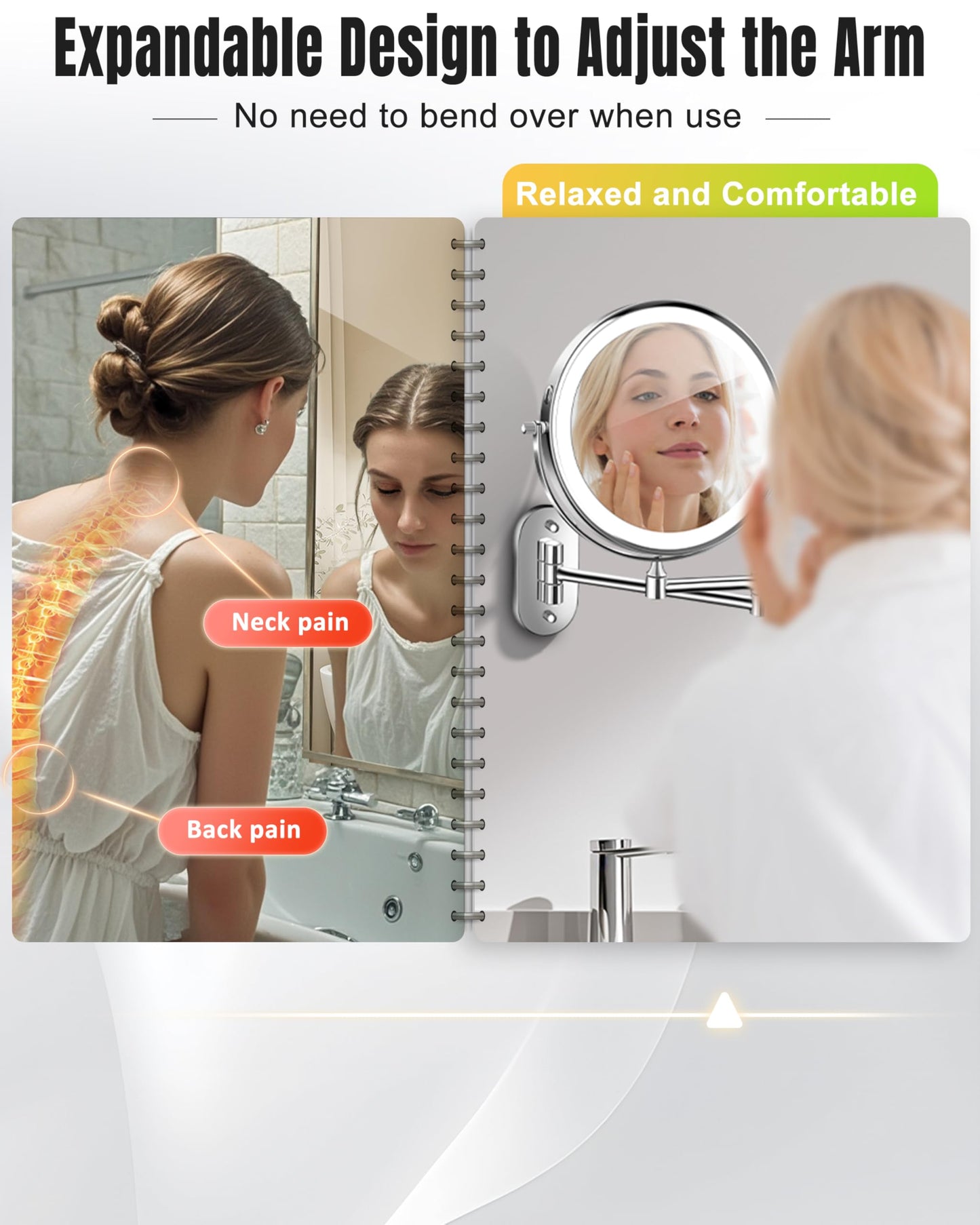 Wall Mounted Makeup Mirror with Light, 30X/1X 8'' Double Sided LED Magnifying Bathroom Lighted Vanity Mirror with Magnification, 3 Color Light up Touch Dimmable Extended Arm 360 Rotation