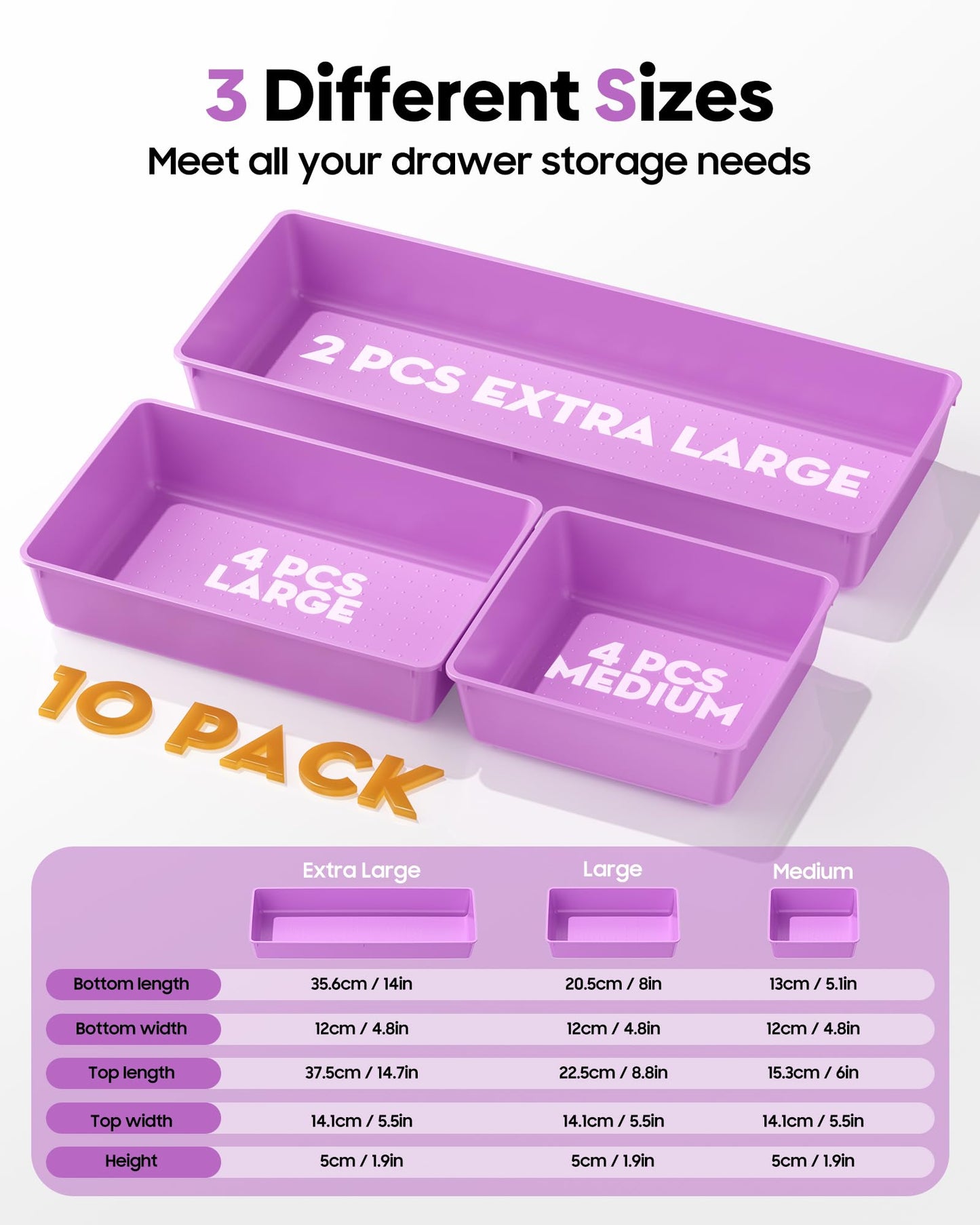 MLIKLU 10 Pack Large Size Plastic Drawer Organizers Set, 3 Sizes Desk Drawer Organizer Trays, Storage Bins for Vanity, Makeup, Bathroom, Kitchen Utensils and Office (Purple)