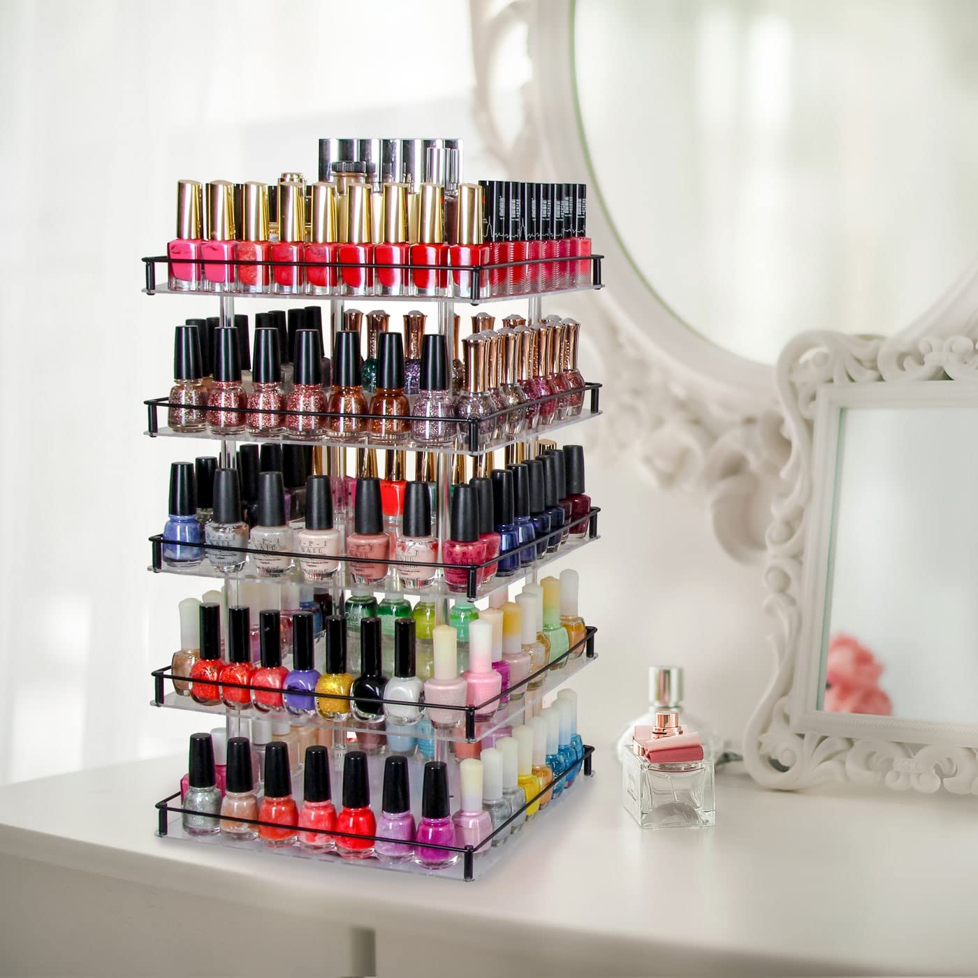 J JACKCUBE DESIGN Nail Polish Organizer, 5 Tier Acrylic 360 Rotating Display Rack Stand Makeup Cosmetics Storage Box Carousel Shelf with Black Iron Guard, Hold Up to 310 – MK302-5