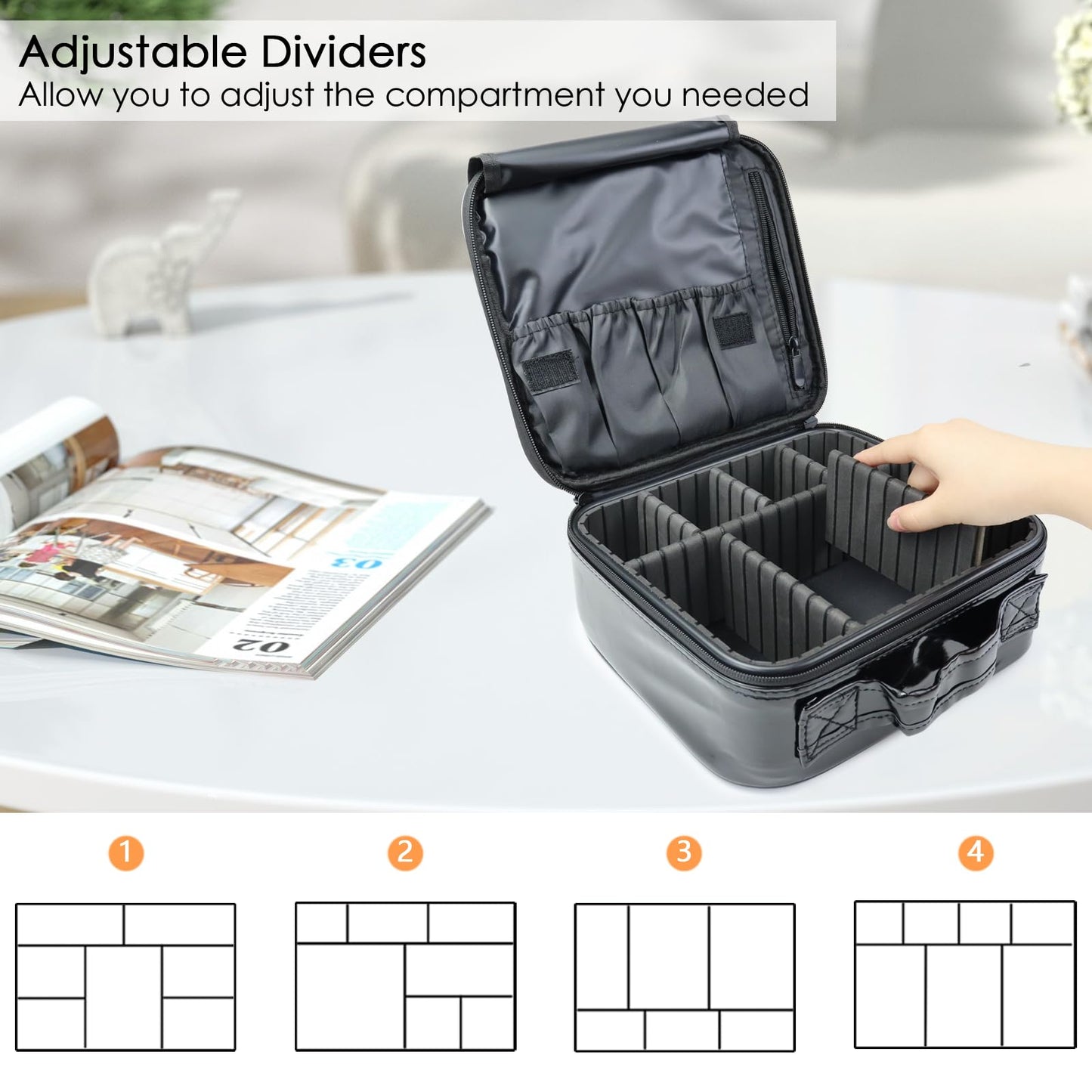 SLUMAZI Travel Makeup Bag Makeup Cosmetic Train Case Organizer Portable Storage Bag with Adjustable Dividers for Cosmetics Makeup Brushes Toiletry Jewelry Black Laser Grid Pattern