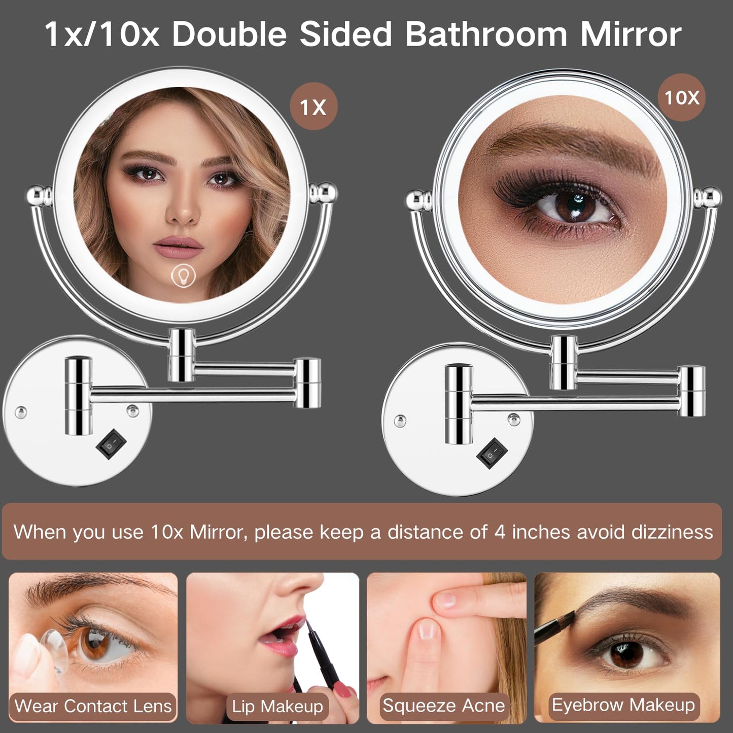 AMZNEVO Wall Mounted Makeup Mirror with Magnification, 8" 1X/10X Magnifying Mirror Wall Mounted for Bathroom, 3 Color Light, Touch Dimmable, 360° Swivel, Extendable Arm, 2-Sided, Plug-in & Hardwire