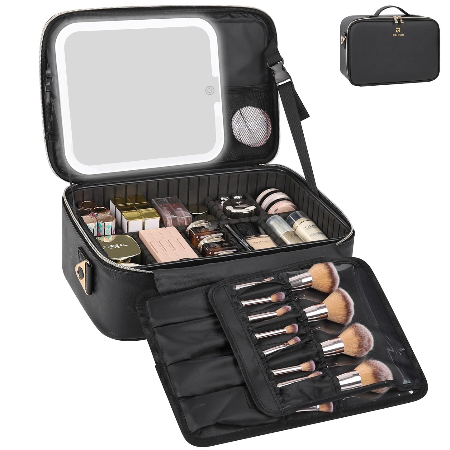 Relavel Makeup Train Case With LED Mirror, Professional Travel Cosmetic Bag with Removable Partitions,Compact Makeup Organizer, Waterproof Toiletry Case for Women, Black