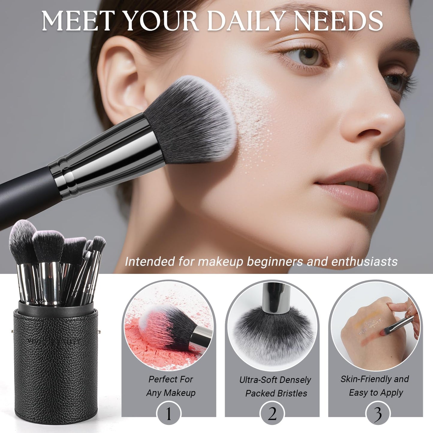 VIVID BEAUTY 18 Pcs Pro Deluxe Makeup Brushes with Travel Case, Premium Powder Foundation Blending Concealer Blush Eyeshadow Face and Eye Make up Brush kit with labels for Beginner(Black)