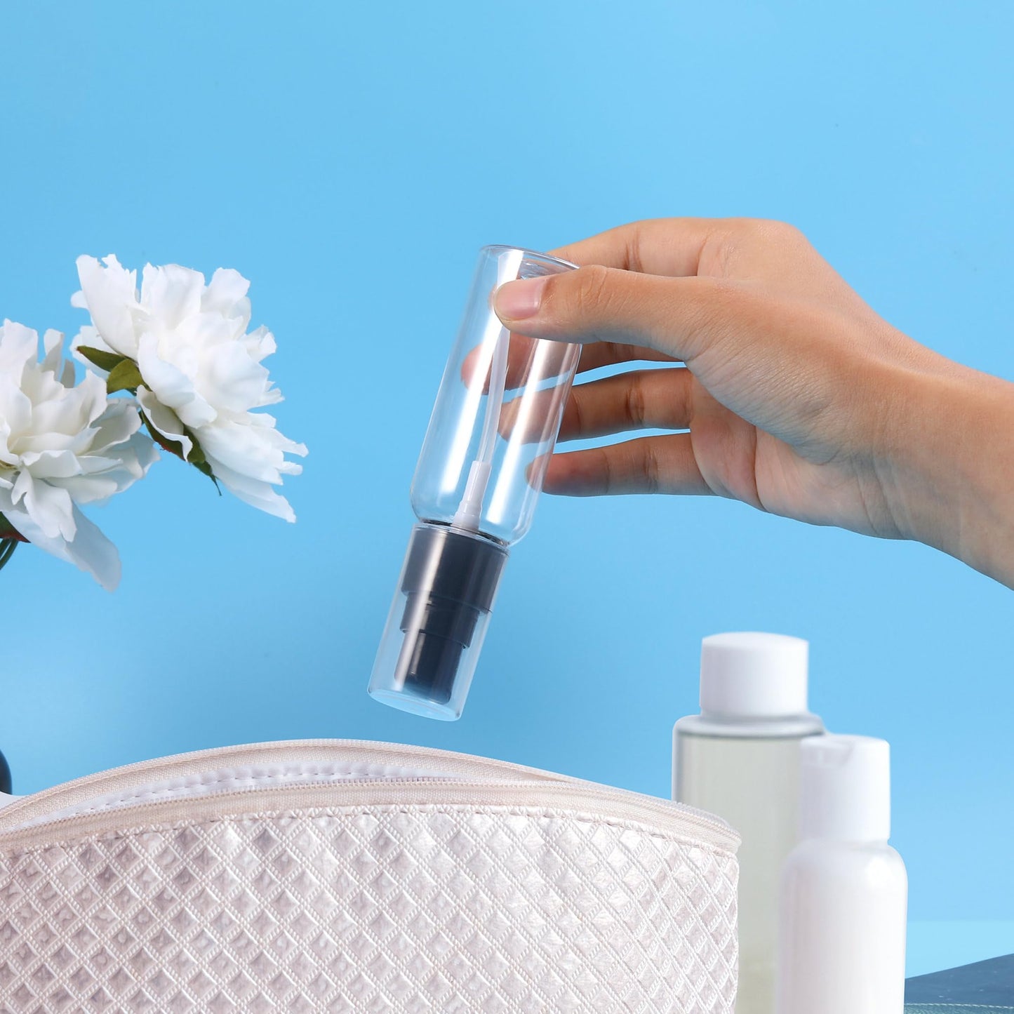 VIDELLY 10 Pieces Travel Pump Bottles for Toiletries 2oz Small Pump Bottles Clear Travel Bottle Plastic Empty Spray Bottle Dispenser With Black Cap For Lotion Cream Essential Oil(50ml,Clear)