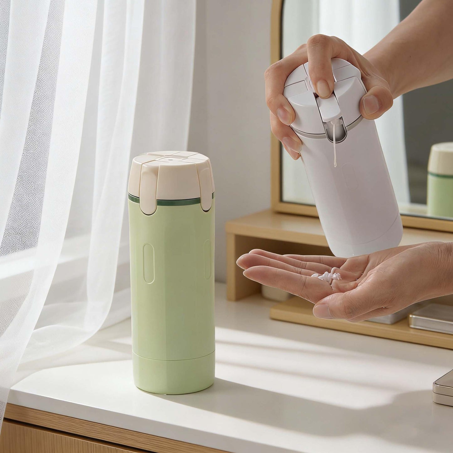 KreqiuCre 4 in 1 Travel Dispenser Bottle for Toiletries, Portable 30ML 4 Pack Leak-Proof Pump Containers, with Scale and Label,for Shampoo, Shower & Travel Use