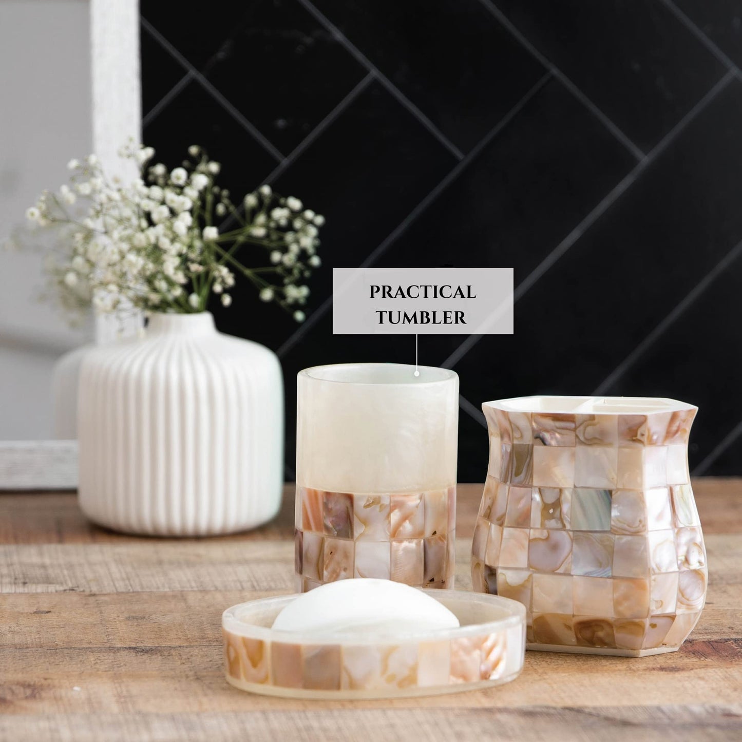 Milano Toothbrush Cup - Electric Toothbrush Holder for Bathroom fits Toothbrushes and Toothpaste - Bathroom Tumbler Cup Finished with Beautiful Mother of Pearl Shells
