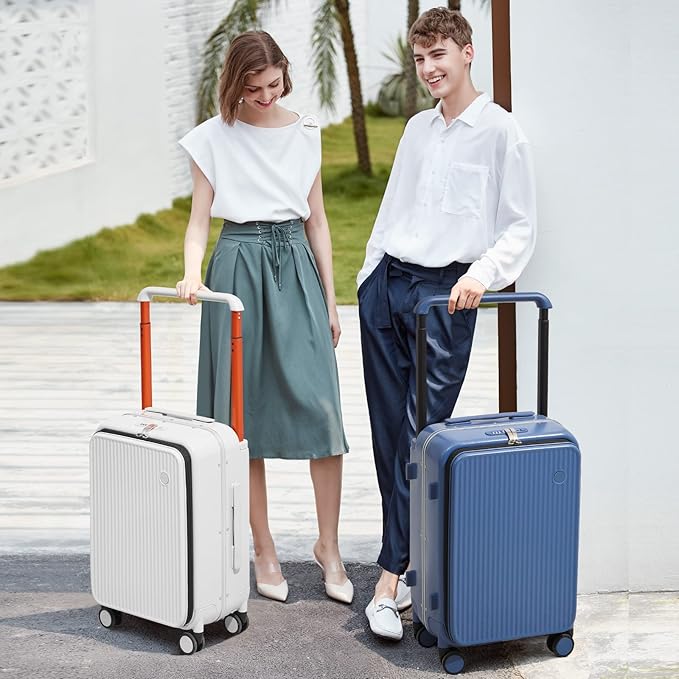 mixi Luggage Suitcases with Spinner Wheels 24'' Travel Luggage wih Front Laptop Pocket, Wide Handle PC Hardshell Suitcase with TSA Lock & Cover, Checked Luggage(Smoke White)