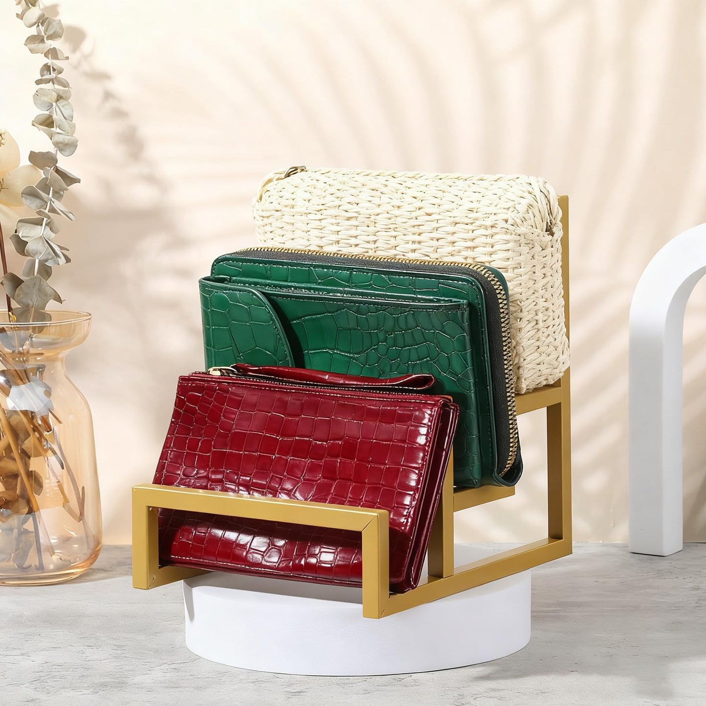 xozeooeu 2 Pack 3-Tier Purse Display Stand, Gold Metal Clutch & Wallet Organizer Rack for Handbag Storage - Home, Closet, Retail Boutique Store Supplies (7.6" H)