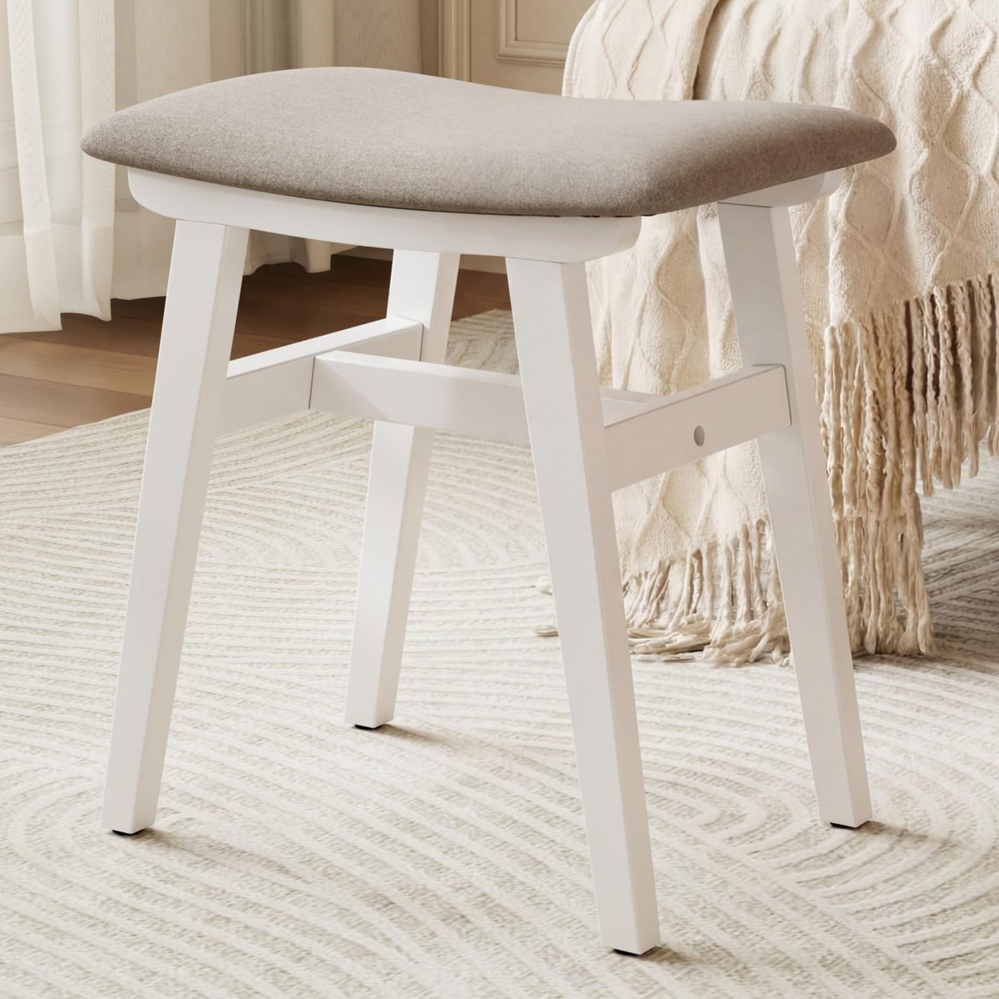 DONGMUWUJEE Solid Wood Small Vanity Stool Chair, Makeup Stools for Vanity Desk, Bathroom Vanity Chair, Padded Foot Stool for Living Room, Ottoman Foot Rest for Couch, Small Bench for Entryway, White