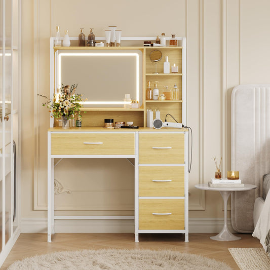 Garvee Vanity Desk with Square Mirror, 35.4” Makeup Vanity Table with Shelves, 4 Fabric Drawers Storage, Modern Dressing Table for Bedroom, Gift for Girls