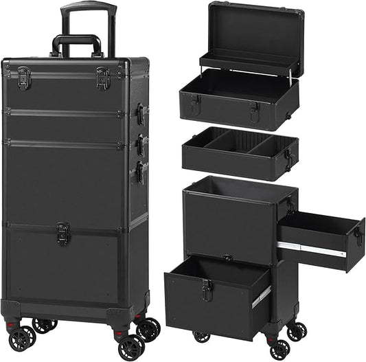Makeup Train Case with Drawer, Rolling Makeup Case, Cosmetology Case on Wheels, Gift, Travel Makeup Organizers, Profesional Cosmetic Case for Salon Barber,Nail,Tattoo, Black