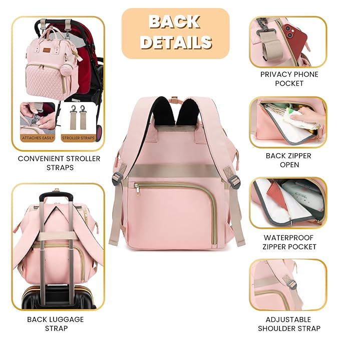 Pink Diaper Bag Backpack for Baby Girls - Baby Shower Gifts for Mom, Quilted Diaper Bag with Changing Pad, Pacifier Case, Insulated Pockets, Stroller Straps, 35L Large Capacity - Cute