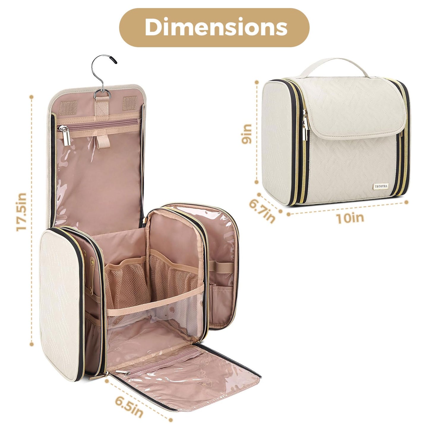 TBTOTRA Hanging Toiletry Bag & Makeup Bag for Women with Jewelry Organizer - TSA Approved Large Capacity Travel Cosmetic Organizer, Waterproof Shower Essentials Case with Transparent Pockets, Beige