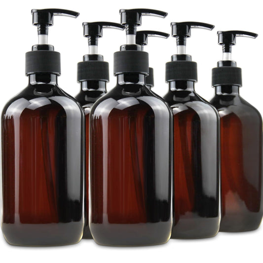 Empty Plastic Bottles with Pump Dispenser and Labels Included, Refillable Travel Containers for Hand sanitizer Shampoo Lotion, etc - No BPA/Parabenf, 500ml/16.9oz (Amber, 6 Pack)