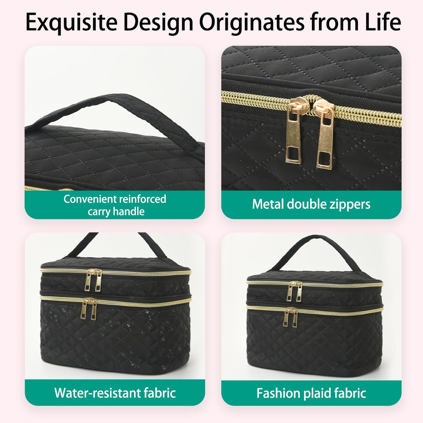 Apxouans Travel Makeup Bag for Women Double Layer Large Cosmetic Case Water-resistant Toiletry Bag Organizer for Store Toiletries Cosmetic Accessories and Manicure Sets Black