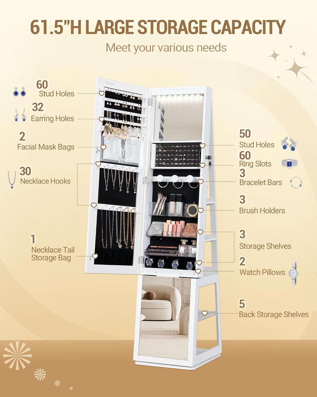 Hzuaneri 16 LEDs Jewelry Cabinet Armoire, Standing Jewelry Organizer with 360° Rotating Base, Lockable Full-length Mirror, 5-tier Storage Shelves, 4-in-1 Design, 61.5" H, White and Black JC15903B