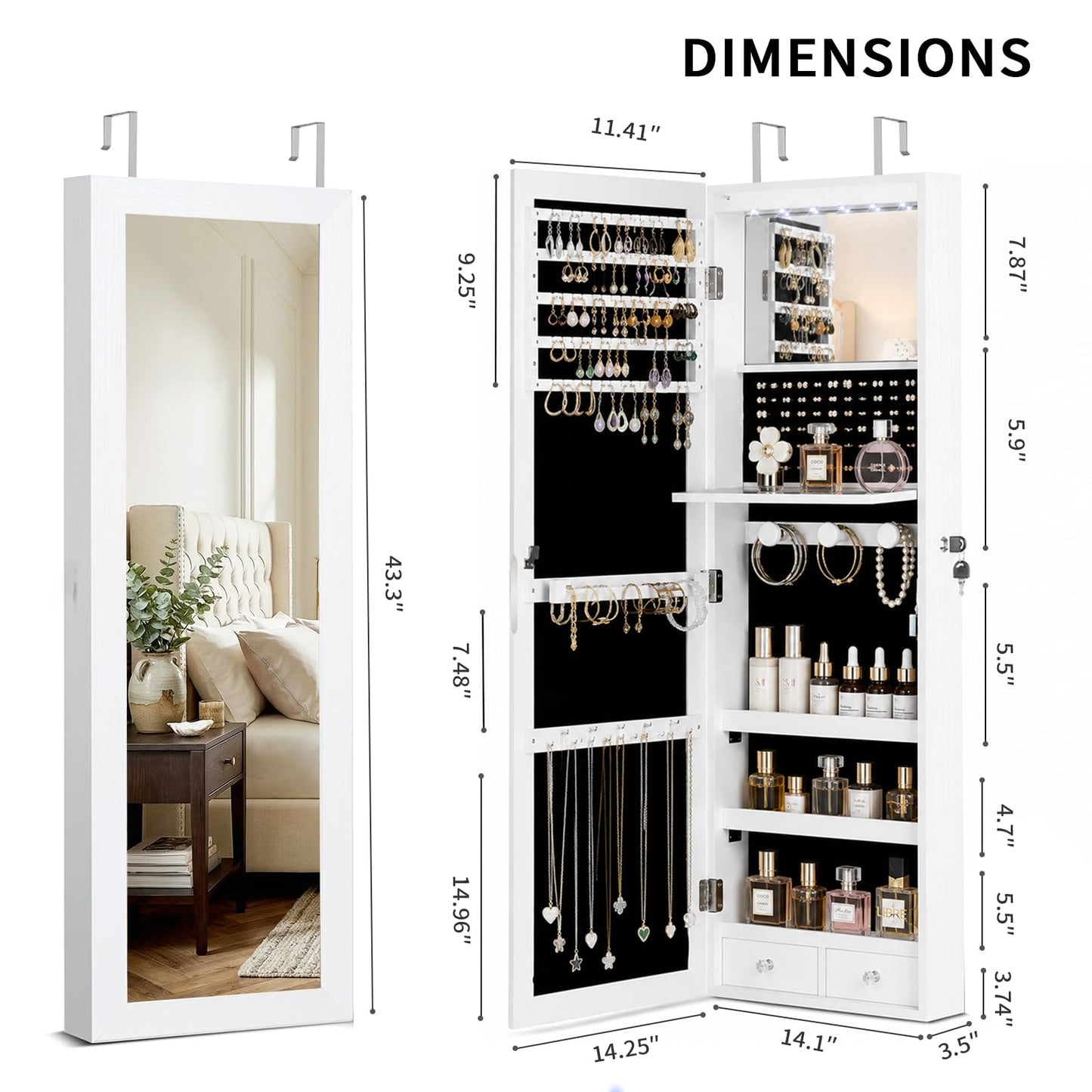 JOYUSAEN Over the Door Jewelry Organizer, Wall Mounted Jewelry Cabinet, Hanging Mirror with Storage Box, Wall/Door Mounted Full Length Mirror with LED