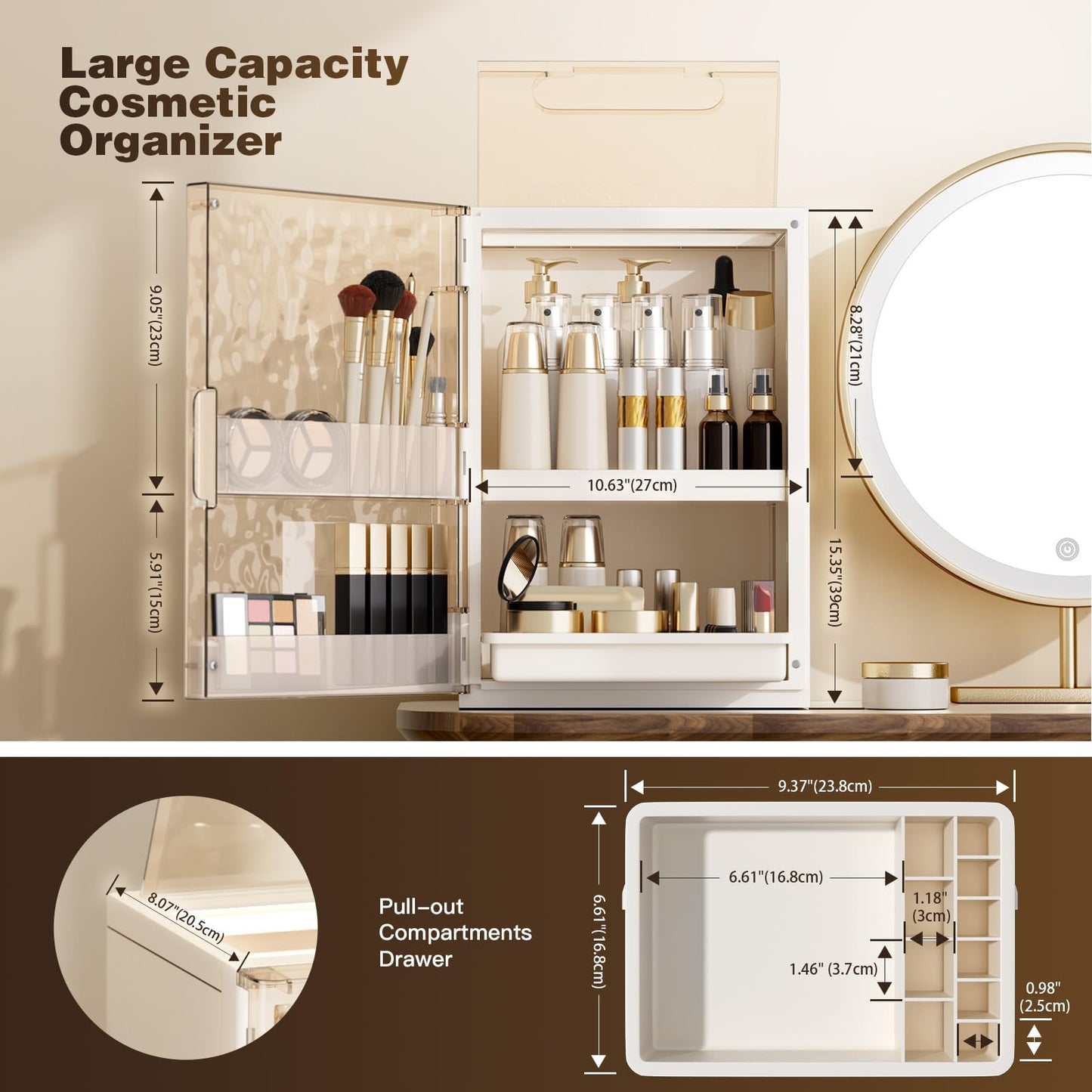 AERCIINC Makeup Organizer with Drawers and Lid, Large Skincare Organizer for Vanity, Dustproof Cosmetic Organizer and Makeup Storage Box with Brush Holder for Dresser, Bathroom Countertop