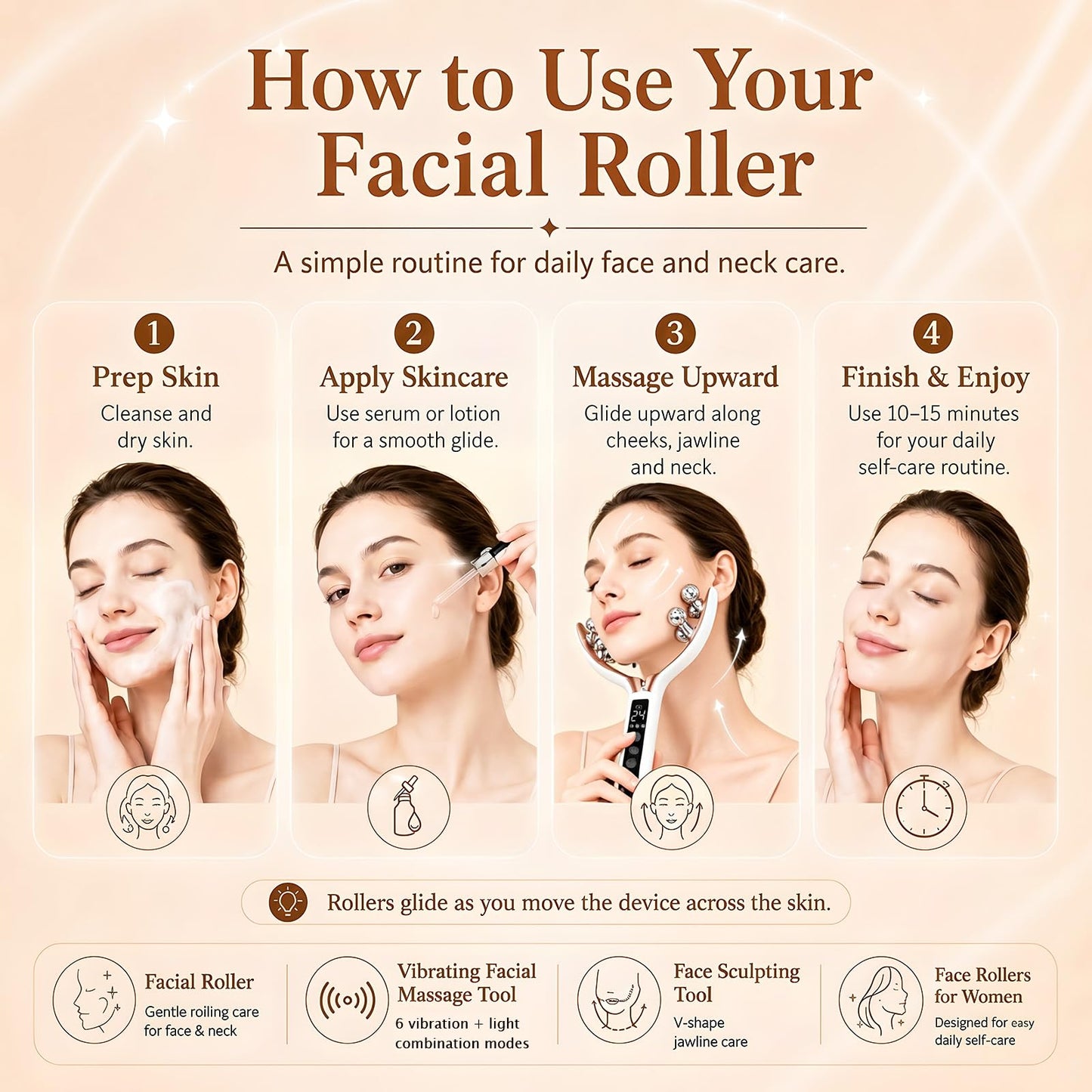 SZMDLX Wireless Face Massager Tool, 8-Roller 3D Face Roller for Women, LED Facial Massager,V-Shape Face Sculpting Tool for Jawline, 6 Light & Vibration Modes, USB-C Rechargeable
