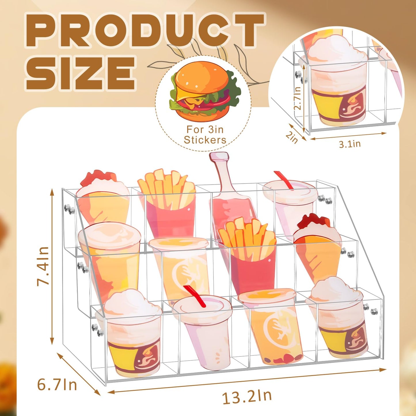 Yuntau 3 Tier Clear Acrylic Sticker Display Stand 12 Pockets Stamp Holder Organizer for 4'' Large Stickers Vendors Small Business Supplier Events, Trade Shows, Classroom