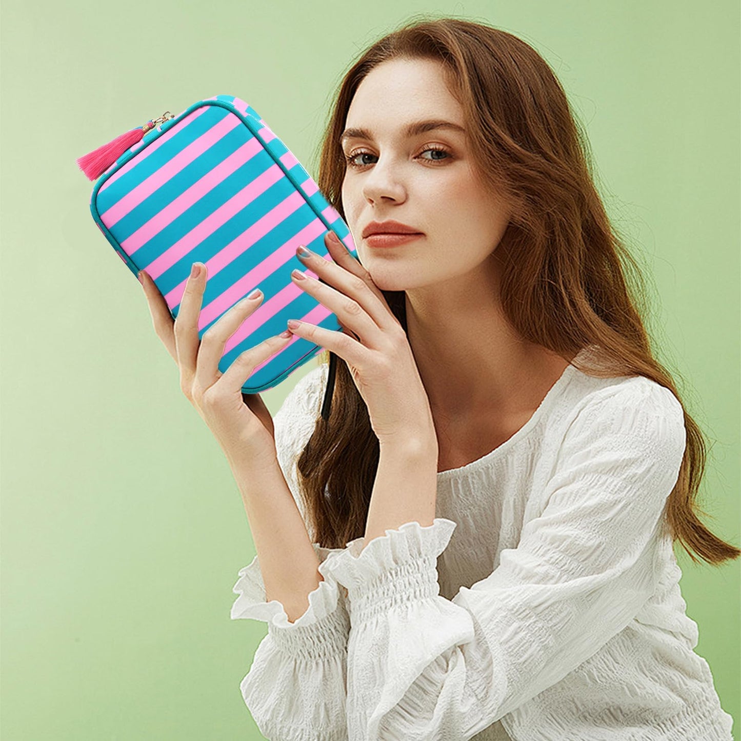 EMBRUNIOICE Stripe Makeup Bag Travel Cosmetic Bag Organizer Tassel Toiletry Bag Large Canvas Zipper Pouch and Accessories Storage Bag for Women (Pink with Green)
