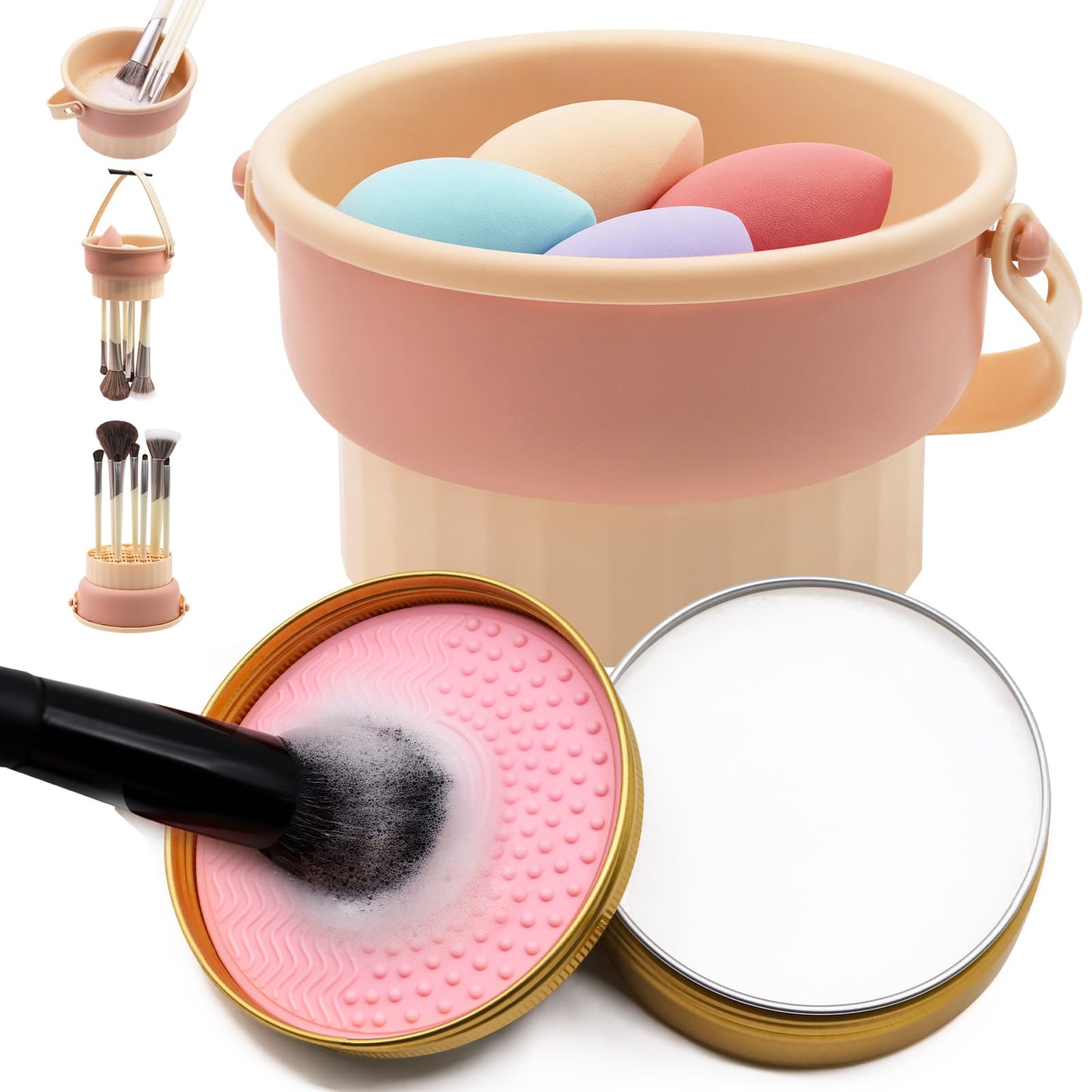 Embagol Makeup Brush Cleaner Mat + Solid Brush & Sponge Soap, Brush Cleaner Bowl & Makeup Brush Cleanser, 3 in 1 Makeup Organizer, Vegan, Deep Cleaning, No Residue(2-piece set, 100g/3.53oz + Khkai)