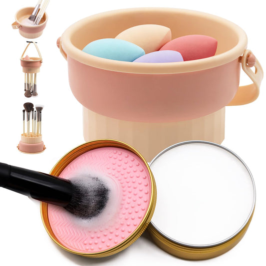 Embagol Makeup Brush Cleaner Mat + Solid Brush & Sponge Soap, Brush Cleaner Bowl & Makeup Brush Cleanser, 3 in 1 Makeup Organizer, Vegan, Deep Cleaning, No Residue(2-piece set, 100g/3.53oz + Khkai)