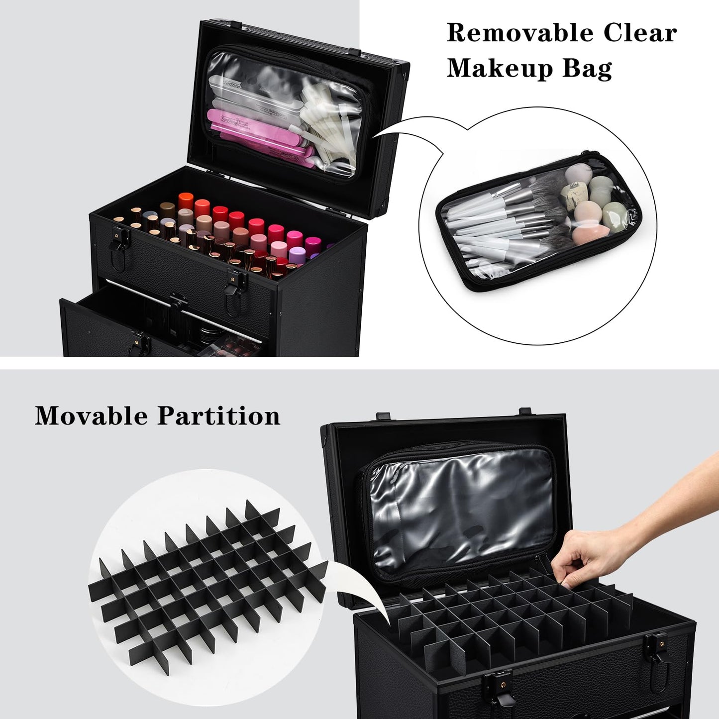 Faquenc Rolling Makeup Train Case with 2 Extra Large Drawers Nail Organizer Case with Wheels Traveling Cosmetology Case with Makeup Pouch for Mobile Stylist Artists Nail Salon Cart Trunk Black