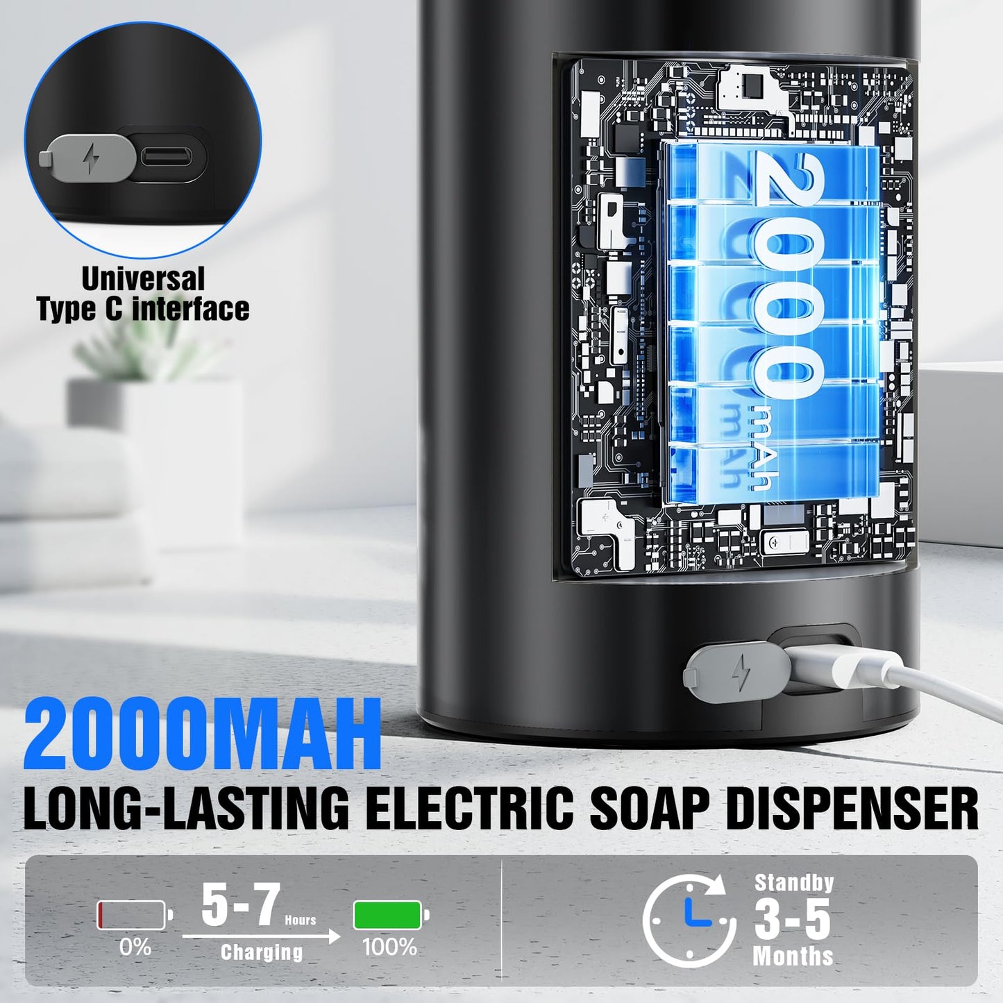 Fantictas Touchless Foaming Soap Dispenser, Stainless Steel Automatic Foam Soap Dispenser, USB-C Rechargeable Sensor Pump with 3 Adjustable Levels, 11.5 oz for Bathroom & Kitchen