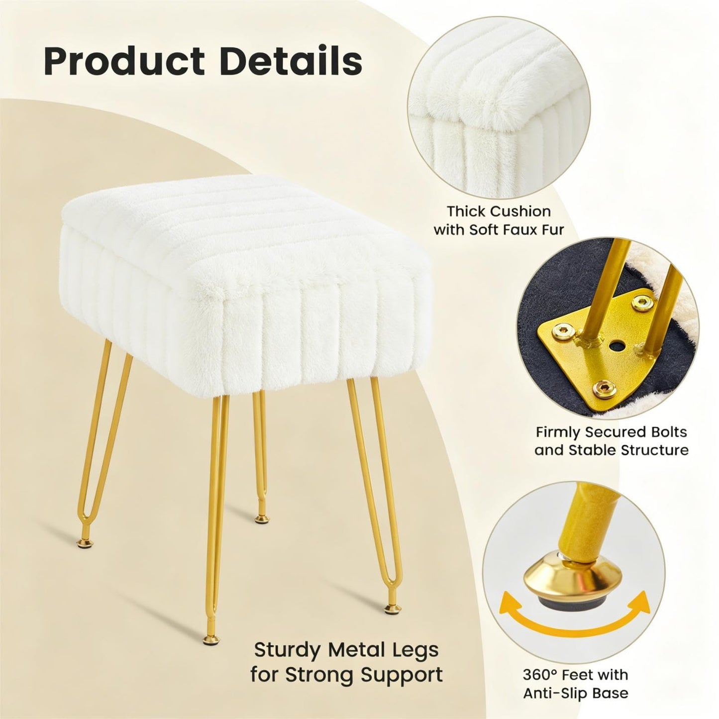 FUXA Vanity Stool Chair with Storage, White Faux Fur Makeup Chair with 4 Metal Legs and Anti-Slip Feet, Soft Padded Seat, Small Footrest Footstool Ottoman, Multifunctional Stool for Bedroom