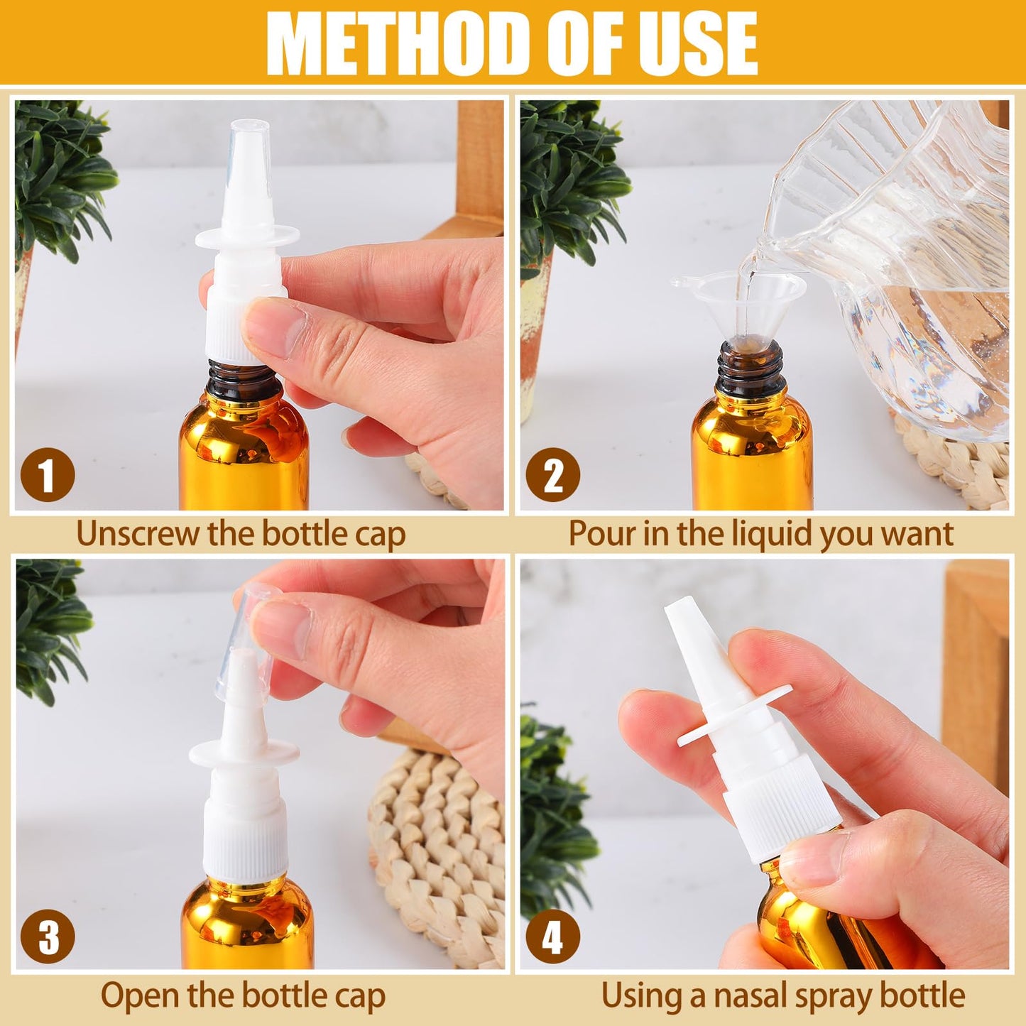 ZHWKMYP 20 Pcs Nasal Spray Bottle, 30ML/1OZ 12 Pcs Bright Plating Gold Silvery Black Empty Refillable Glass Nose Spray Bottle with 4 Funnels and 4 Labels