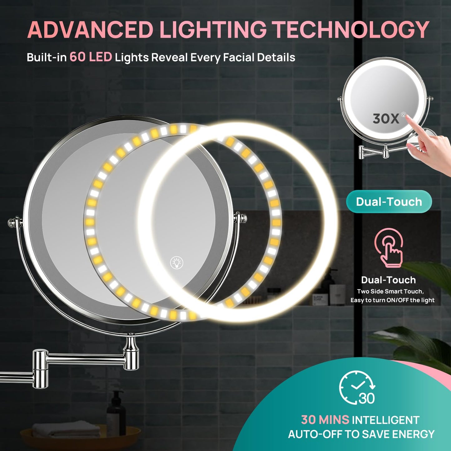 SANFANGIE Wall Mounted Lighted Makeup Mirror: 3000mAh Rechargeable Double Sided 1X/30X Magnifying Mirror with Light for Bathroom, 3 Color Lighting, Touch Screen Dimming, Extended Arm 360 Rotation