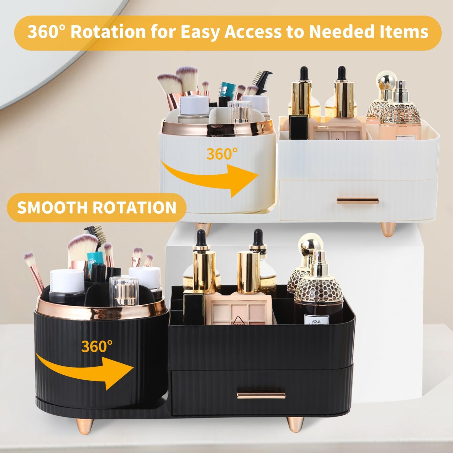 Zufudo Makeup Organizer Countertop with Drawer 360 Rotating Brush Holder Storage Large Capacity Skincare Cosmetic Display Cases for Vanity Bathroom Desktop, Model 3016 White