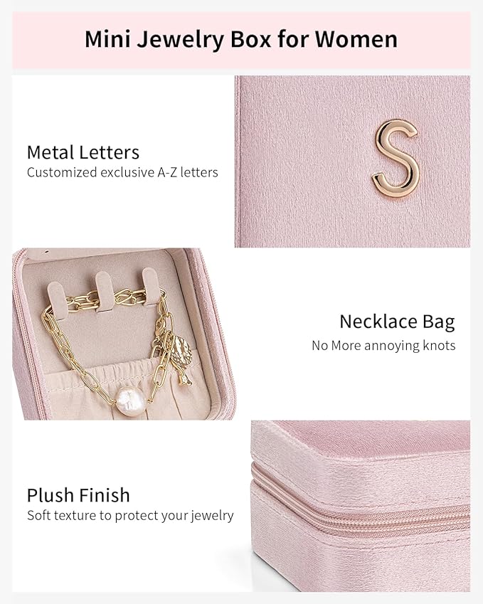 Vlando Travel Jewelry Box for Girls Women, W Initial Jewelry Box for Girls Travel Jewelry Case Jewelry Case Gifts for Women - Letter W, Pink
