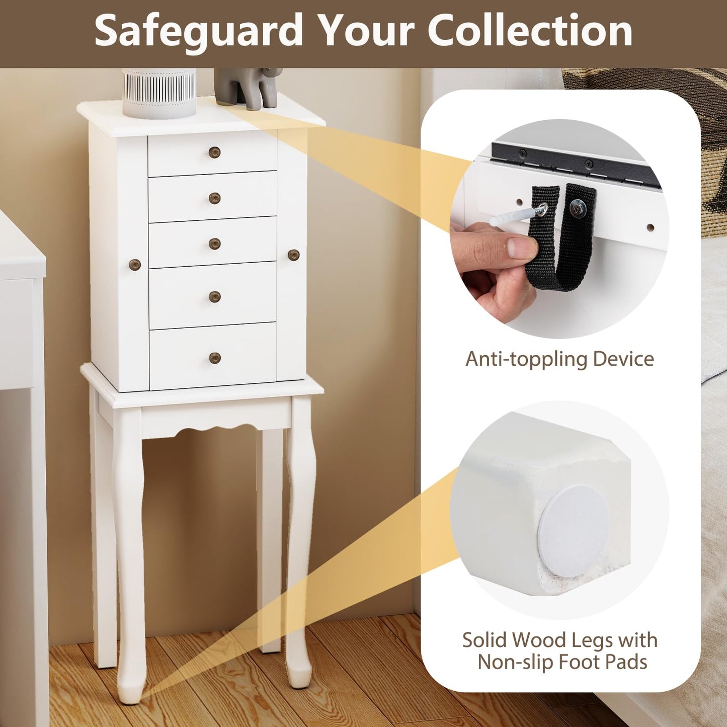 Giantex Standing Jewelry Armoire Cabinet with 4 Drawers, Flip Top Mirror, Top Storage Compartments, 2 Side Doors with 8 Necklace Hooks, Freestanding Jewelry Organizer Box Chest (White)
