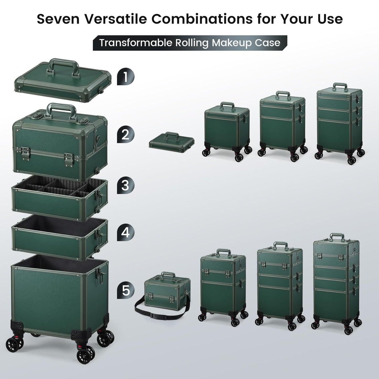 Rolling Makeup Case Makeup Train Case with Lid 5 in 1 Cosmetology Case on Wheels Cosmetic Trolley Organizer Large Makeup Organizers Case Profesional Cosmetic Case for Salon Barber Nail Beauty, Green