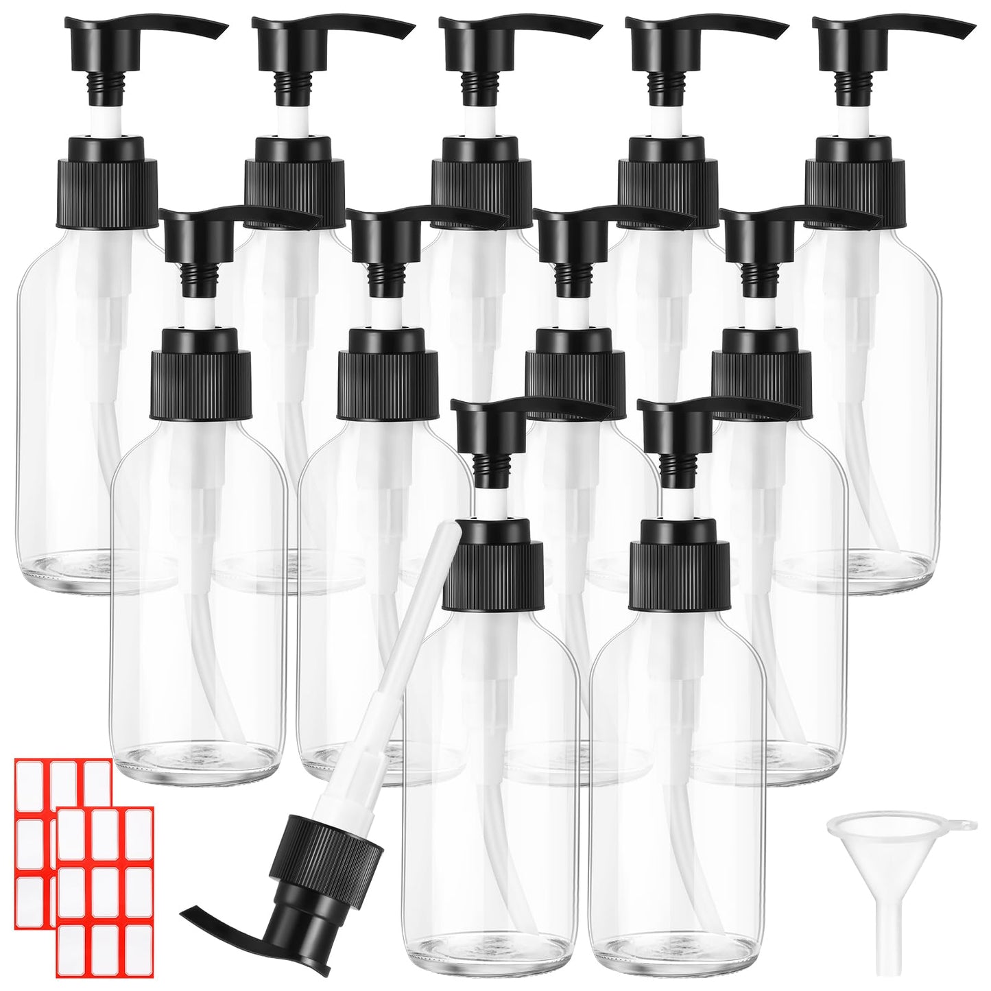 Tanlade 12 Pcs Glass Pump Bottle Dispenser 4 oz Travel Bottles with Pump Refillable Glass Containers for Toiletries Lotion Liquid Soap Shampoo Essential Oils Cosmetic Travel Accessories(Clear)