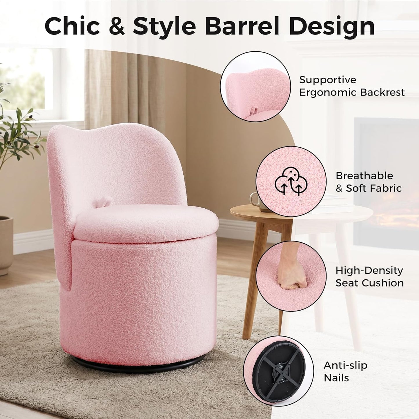 MilleLoom 360°Swivel Vanity Chair Dining Chairs with Storage,Upholstered Makeup Stool with Back, Sherpa Dining Chair, Swivel Accent Chair Barrel Armchair for Living Room Bedroom,Pink