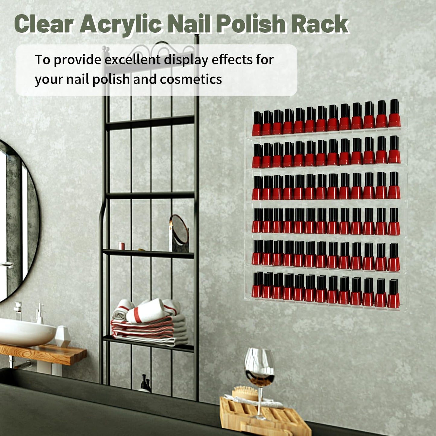 Nalwort Acrylic Nail Polish Rack 6 Tier, Clear Nail Polish Display Racks Wall Mount, Hold Up to 180 Bottles, Nail Polish Storage Organizer with 50PCS Nail Swatch Sticks