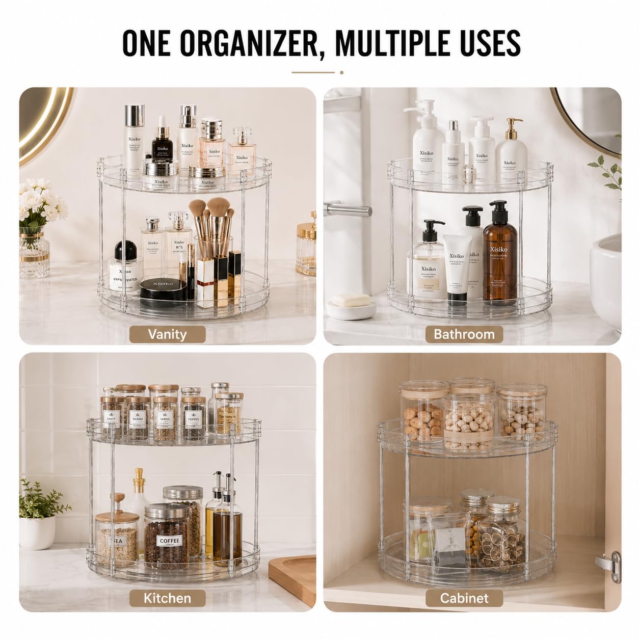 360° Rotating Bathroom Counter Organizer, 2 Tier Clear Makeup Organizer Vanity Storage for Skincare Perfume Cosmetics, Lazy Susan Spinning Storage for Bathroom Vanity Kitchen