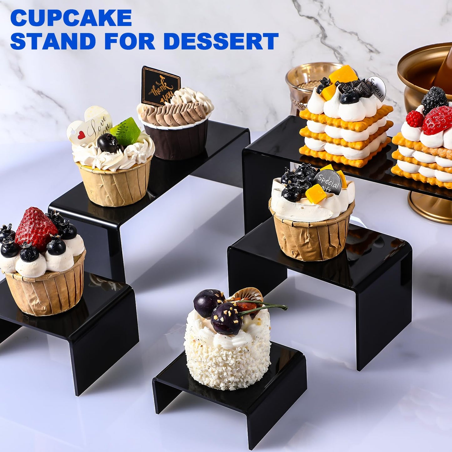Tuanse 4 Set Acrylic Display Risers Medium and Large Stand Shelf Acrylic Risers for Display Cupcake Riser Showcase Figure Jewelry Collectibles Stands Desktop Shelf for Organize (Black)